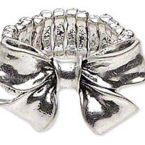 RING, BOW DESIGN, ELASTIC ADJUSTABLE, ANTIQUED SILVER-FINISH, 30x19mm BOW,